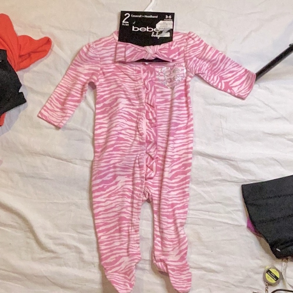 Bebe Baby pink coverall & headband set Sz. 3-6 Months